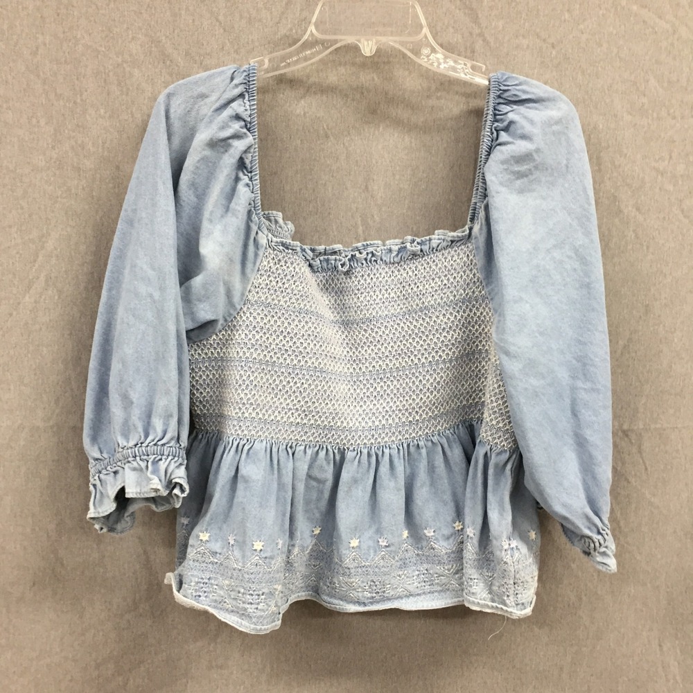 American Eagle Smocked Chambray Peplum Top Blue Embroidered Puff Sleeve XL
